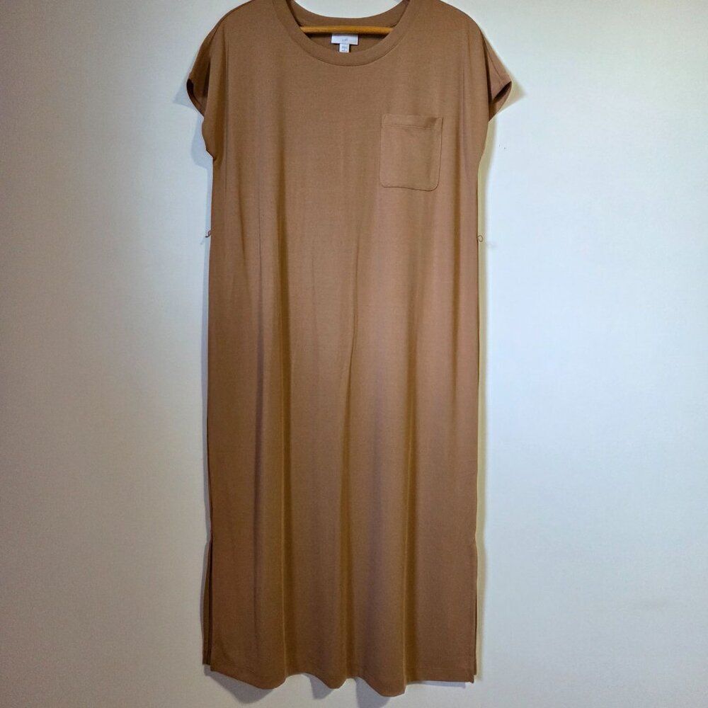 EUC LIKE NEW J JILL SUPER SOFT TAN SLIT SIDE MIDI TSHIRT DRESS SIZE SMALL